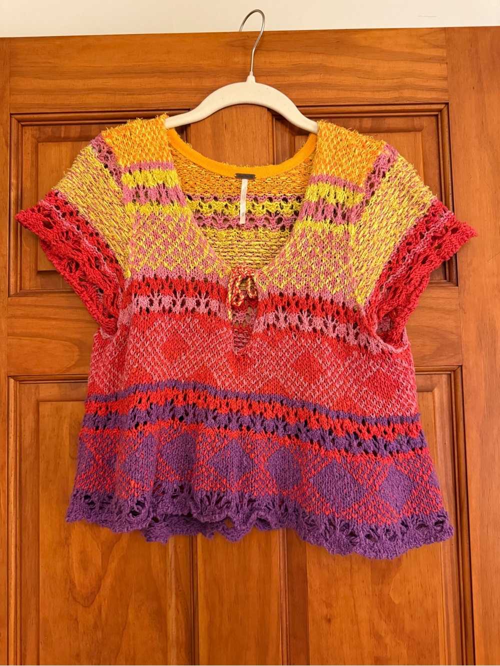 Free People Hand-Knit Multicolor Short Sleeve Sweater Top - Yellow, Red, Purple